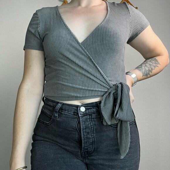Free People Gray Ribbed Wrap Shirt Small - Picture 7 of 11